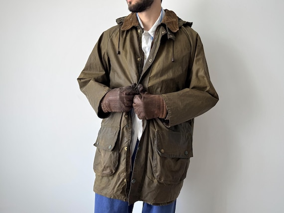 1970s Vintage Barbour Gamefair Waxed Khaki Jacket Hooded Lined