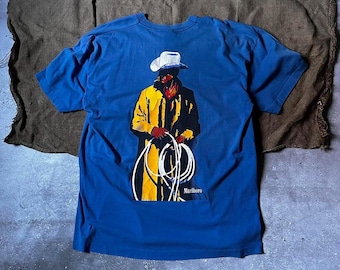 Vintage 1990s Marlboro Cowboy Man Graphic Tee - Single Stitch Retro Western T-Shirt - Classic Blue XL