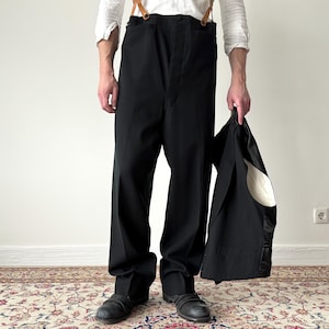 Antique 1900s Early 20th Century Edwardian Era German Two Piece Black Wool Suit Waistcoat Pants Buckle Back Suspender Old Fashion Formalwear