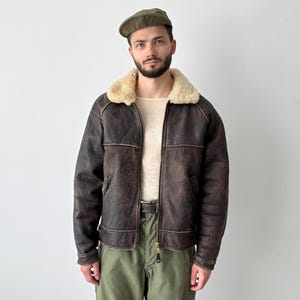 Vintage US Air Force B-6 Sheepskin Leather Flight Jacket Size L – Army Style Bomber Aviator American Military Heritage Brown Coat