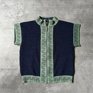 Arquivo JPG feminino vintage anos 90 Jean Paul Gaultier monograma tricotado com zíper azul marinho tamanho 46