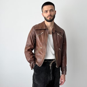 1960s Vintage European Pilot Brown Leather Jacket Aviator Bomber Coat Military Flight Outerwear Heritage Menswear Size S/M