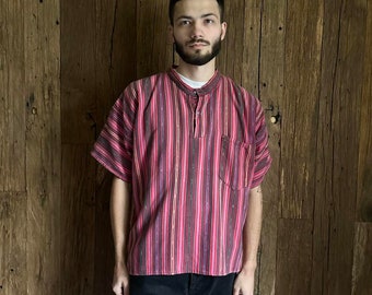 Men's 80s Vintage Indian Heavy Cotton Hippie Ethnic Striped Button Shirt Size L