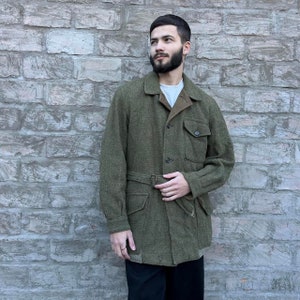 Very Rare Vintage Men&#39;s 1940s J.C. Cording & Co Reversible England British Style Hunting Tweed Khaki Coat Belted Jacket Size L