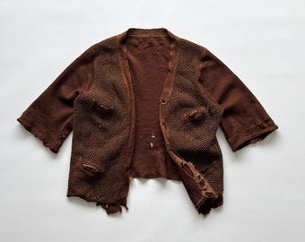 1930s Vintage German Thrashed Worn Distressed Brown Wool Knit Cardigan - Antique Avant Garde