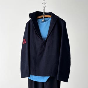 60s Military Vintage 1961 Dated French Navy Wool Sailor Smock - Retro Utility Heritage Old Fashion - Size S