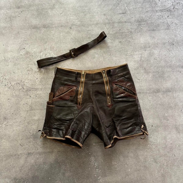 Antique ≈1940s German ‘MEWA’ Zipper Hunting Leather Shorts With Belt