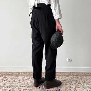Antique Men&#39;s Early 20th Century 1900s Edwardian Era Black Wool Suspender Buckle Back Trousers  - Heritage Old Fashion Pants