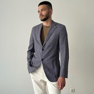 Men's Canali Kei Linen, Wool & Silk Сheckered Blue Sport Jacket Blazer Size 50R Italian Designer Old Money Style