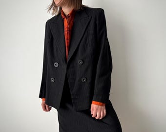 1940s Vintage German Women’s Wool Gabardine Striped Double Breasted Skirt Suit