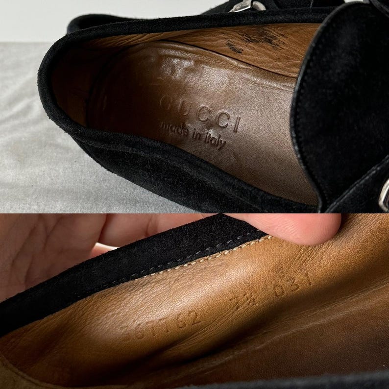 Pu&ograve; includere: Mocassini in pelle scamosciata nera con dettagli in argento e una soletta in pelle. La soletta &egrave; etichettata "Gucci made in Italy" e ha un'etichetta di taglia che recita "5 1/2 031".
