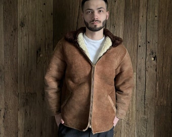 Herren Vintage 1950er Jahre deutsche Ritsch Shearling Aviator Lederjacke braun Größe M