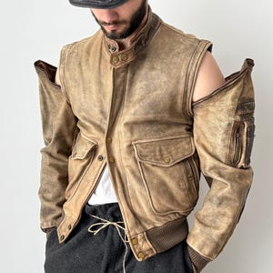Vintage 80s IXS Racing Leather Moto Jacket Vest – 2 in 1 Brown Biker Coat – Distressed Motorcycle Style - Avant Garde Fashion - Size 48 (M)