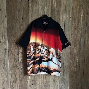 00s Led Zeppelin ‘Houses of the Holy’ American Vintage 2003 Button-Up Short Sleeve Shirt - Made in USA Overprinted Rock Design, Size M