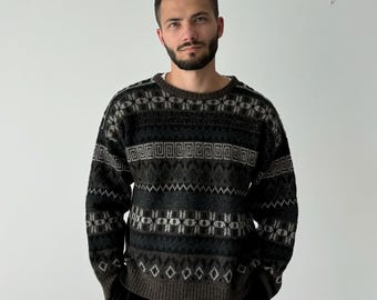 Vintage 1980s Christian Dior Monsieur Wool Knit Aztec Multicolor