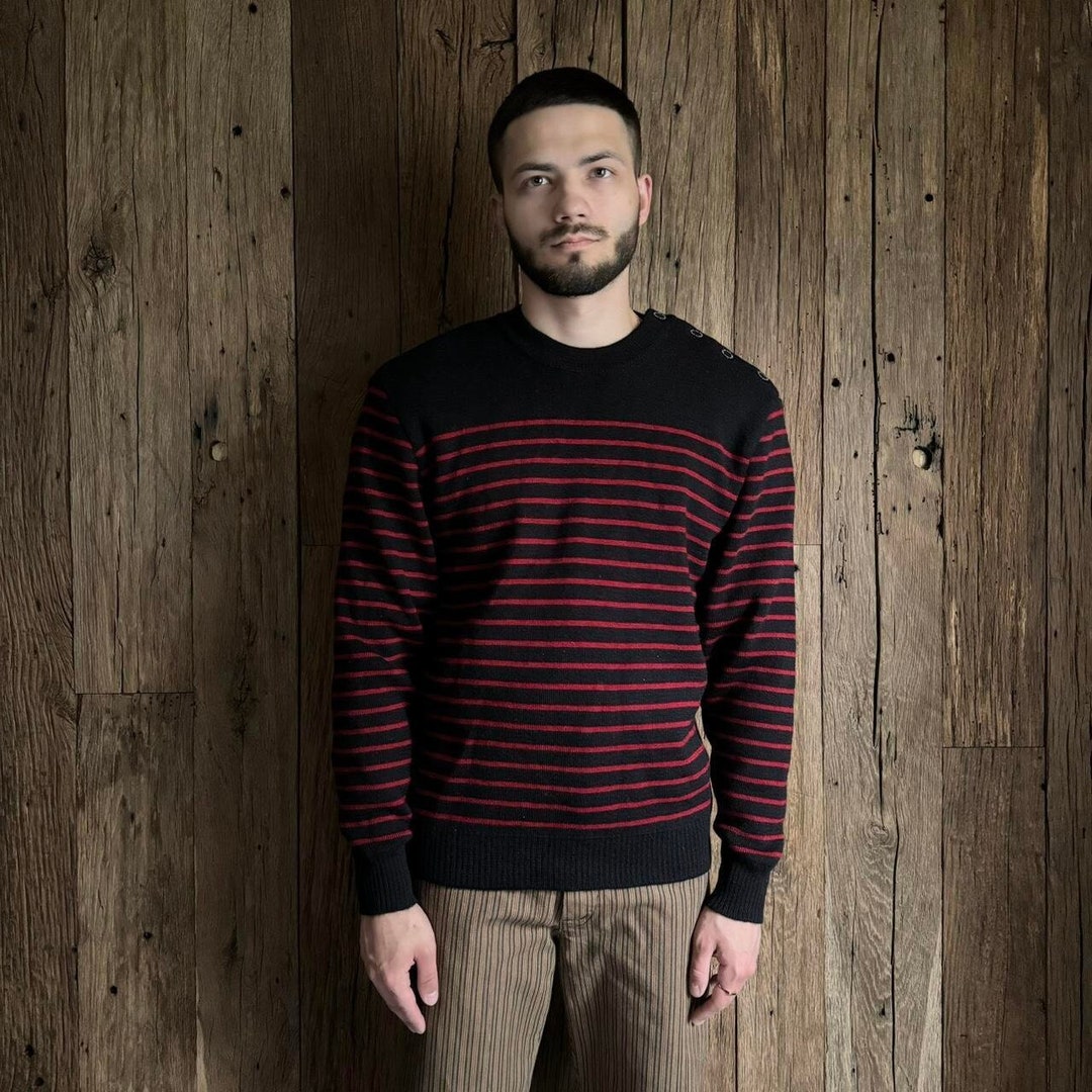 Saint James Bregancon U Wool Sailor Sweater with Striped Elbow Patches