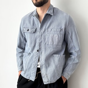 1970s Vintage French Workwear Sanfor Blue Faded Denim Chore Jacket - Size S/M - Heritage Utility Work Style - Japanese Fashion - Unisex Fit