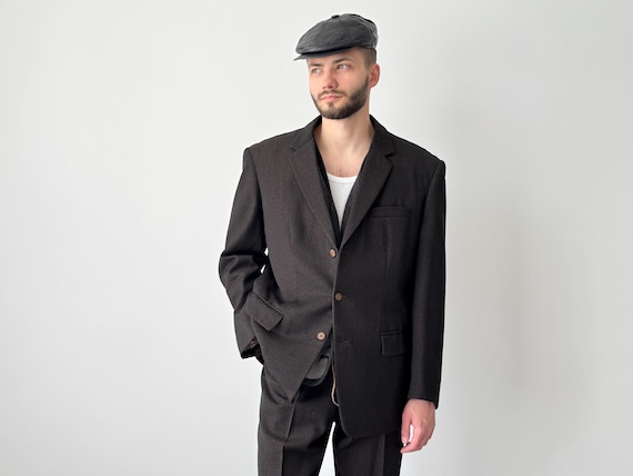 1940s Austrian Vintage Gabardine Suit - Brown Striped Two-Piece WW2 Era Set - Retro Heritage Menswear - Size M/L
