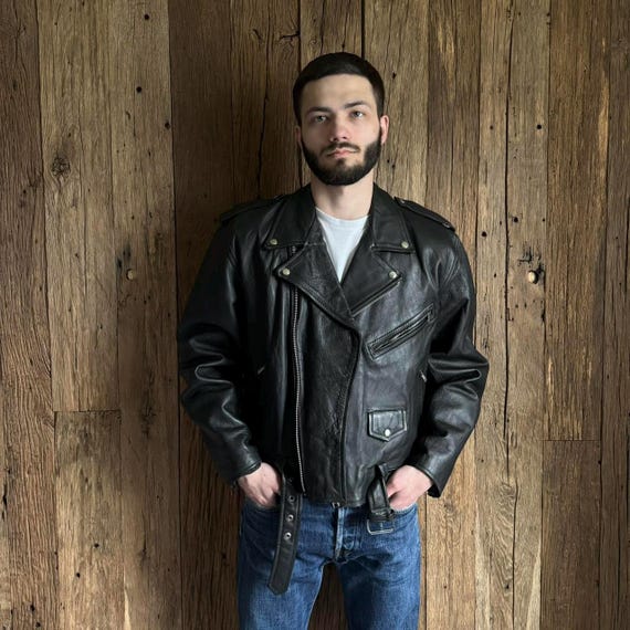 Vintage 1990s, 90s Ramones Style Biker Leather Jacket Belted