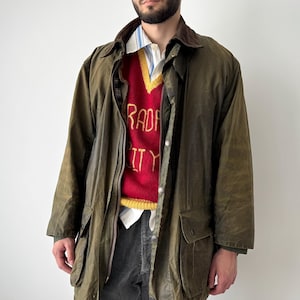 Vintage Men&#39;s Barbour A200 Border Waxed Khaki Jacket Pile Lining SIZE C44 / 112 - Retro Utility Heritage Old England Fashion