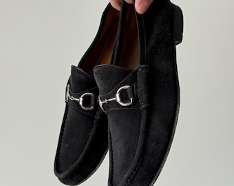 Vintage Gucci Black Horse Bit Suede Black-instappers heren - MAAT 7,5 (VS 8) - Iconisch Italiaans designerschoeisel