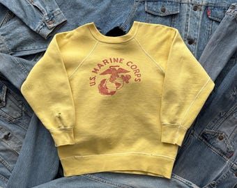 1950s Vintage US Marine Corps Yellow Stenciled Raglan Sweatshirt Small Size - Retro American USMS Military - Made in USA