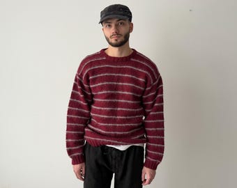 Vintage 90s Yohji Yamamoto Red White Striped Mohair Sweater - Japanese Designer Avant Garde Fashion - Size M