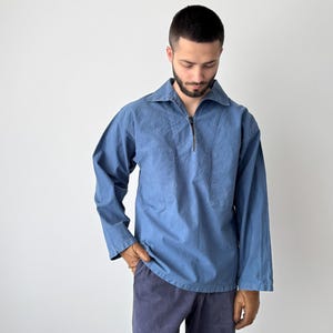 1970s Vintage French Le Glazik Sailor Smock -  Blue Fisherman Pullover - Breton Workwear Shirt - Cotton Maritime Chore Top Jacket