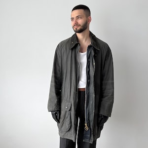 Vintage 90s Barbour A205 Border Waxed Jacket – Classic Navy Wax Cotton Men’s Coat – British Fieldwear – Long Heritage Rain Coat