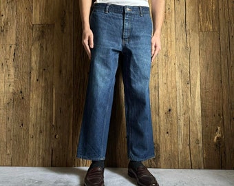 Men's Vintage 1970s Lee Riders Cropped Jeans Pants Size 34 Navy Denim Western, Cowboy, Retro American USA Style Workwear, Utility Work 70s