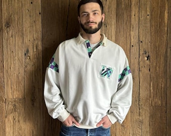 Vintage 1980s, 80s Adidas Long Sleeve Rugby Polo Button Collared Logo White Retro Streetwear Sweatshirt Sportswear Size XL