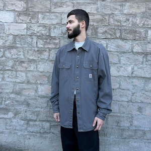 Heren Vintage jaren &#39;90 Carhartt Heavy Canvas Overshirt Grijze Jas Maat L Jaren 1990 Utility Lined Amerikaanse Werkkleding Retro, Western, Streetwear Stijl
