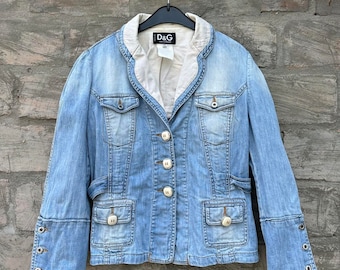 Vintage 00s Dolce Gabbana Women’s Denim Jean Jacket Blue Retro 2000s Italian Designer Y2K Blazer D&G SIZE 28/42 (S-M)