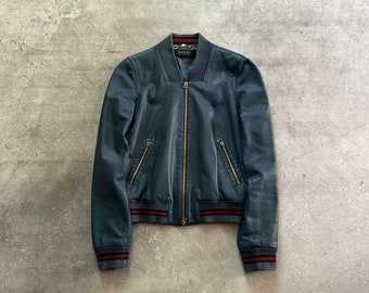 Timeless Vintage Gucci Tom Ford Women's Blue Red Leather Zip Jacket, Iconic 00s 90s Italian Designer Size 40 (M)
