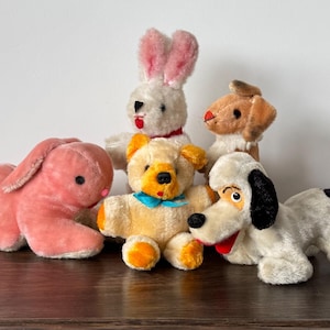 Vintage Plush Animal Lot – 5 Mohair Stuffed Toys Including Dog, Rabbit & Teddy Bear – Authentic Steiff 1950s-60s Collectibles
