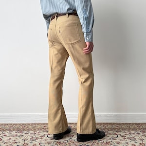 1970s Levi’s Sta-Prest BIG E Pants | Beige USA Made Trousers | Talon Zip Hippie Style | Vintage Flare Mod 70s Jeans