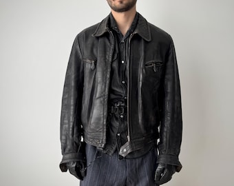 1940s Vintage Swedish Army Leather Motorcycle Jacket Sheepskin