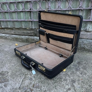 Vintage 1960s 1970s Sterling Combinación Cerradura Cuero Negro Maletín Retro 60s, 70s Casual, Solide, Maleta de Negocios Diplomático