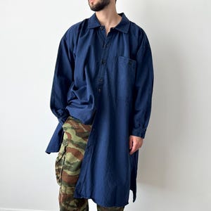 1950s Vintage Swiss/French Workwear Marque Deposee Railway Navy Long Smock Coat Chore Jacket - Retro Utility Heritage Old Work Fashion