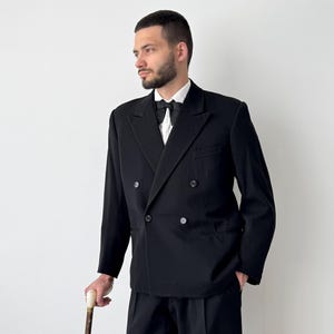 1940s Vintage Men&#39;s European Black Double Breasted Bespoke Wool Suit SIZE ≈M - Antique Fashion - Heritage WW2 Era Old Style