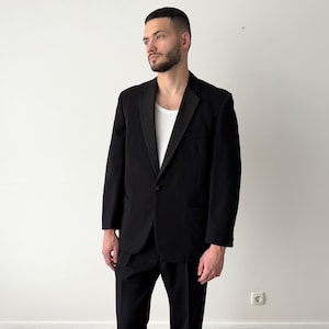 Vintage 1940s Daks by Simpson Tailored Black Tuxedo Two Piece Wool Suit - British Retro Old Fashion Antique WW2 Era Formalwear - Size 38S