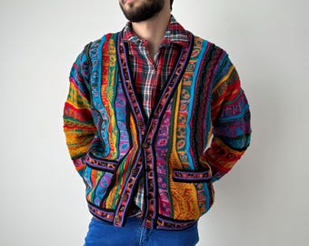Pull cardigan en laine en tricot 3D Coogi Australia vintage des années 90, taille S
