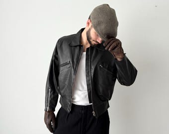 1960s Vintage Swiss Black Cycling Moto Black Leather Lined Croped Jacket - Retro Military Utility Heritage Style - Size M