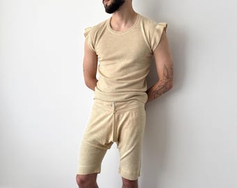 Ensemble de sous-vêtements en laine de l'armée britannique vintage des années 40, deuxième guerre mondiale - Couche de base militaire en haut et en bas - Numéro de soldat antique - Taille M/L