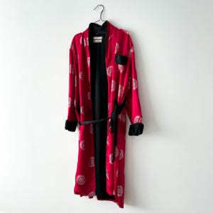 Vintage 60s Red Chinese Silk Robe, Cerise Satin/Gold Brocade, Black Shawl Collar and sash, Solz Squirrel Hangzhou China Women’s Kimono