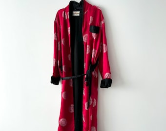 Vintage 60s Red Chinese Silk Robe, Cerise Satin/Gold Brocade, Black Shawl Collar and sash, Solz Squirrel Hangzhou China Women’s Kimono