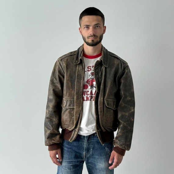 1970s Vintage USAF A-2 leonhard Flying Leather Faded Jacket Brown 