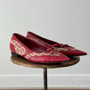 2000s Vintage Fendi Zucca Monogram Red Point Toe Flats -  Retro Italian Designer Footwear - Luxury Fashion - SIZE 38