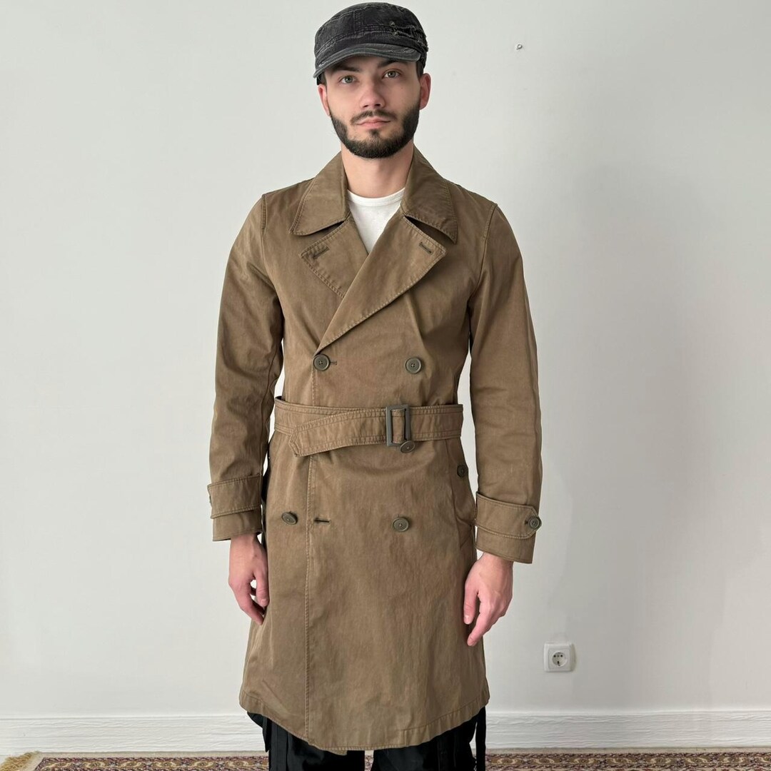 Men's Ten C Double Breasted Belted Khaki Long Trench Coat - SIZE