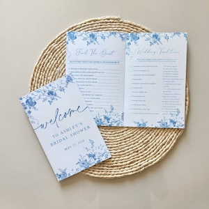 Blue Victorian Bridal Shower Activity Book, Printed Botanical Floral Booklet, Shower Game Activity Book